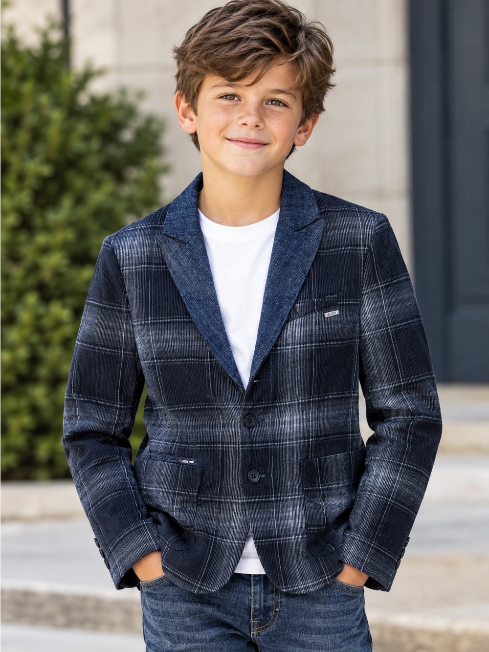 Diesel Boy’s Black & Navy Plaid Three- Button Blazer